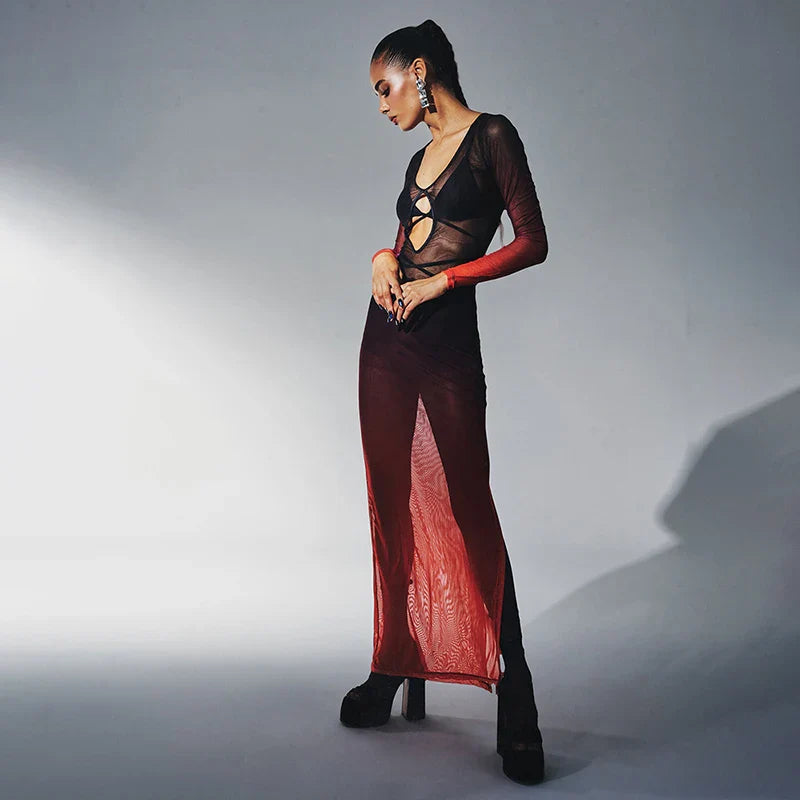 Gradient Mesh Deep Collar Hollow Long Sleeve Maxi Dress