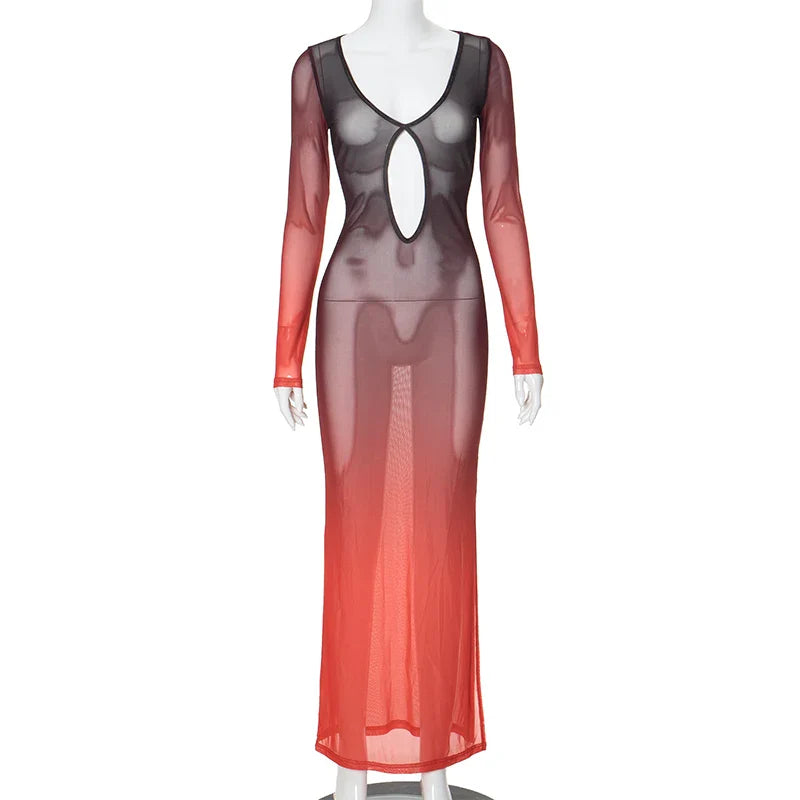 Gradient Mesh Deep Collar Hollow Long Sleeve Maxi Dress