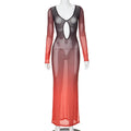 Gradient Mesh Deep Collar Hollow Long Sleeve Maxi Dress