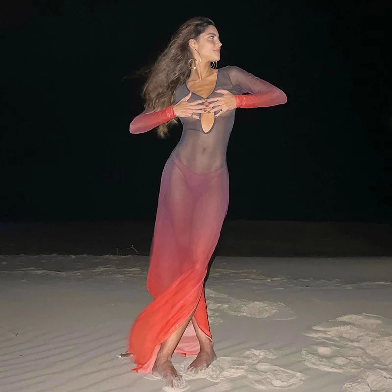 Gradient Mesh Deep Collar Hollow Long Sleeve Maxi Dress