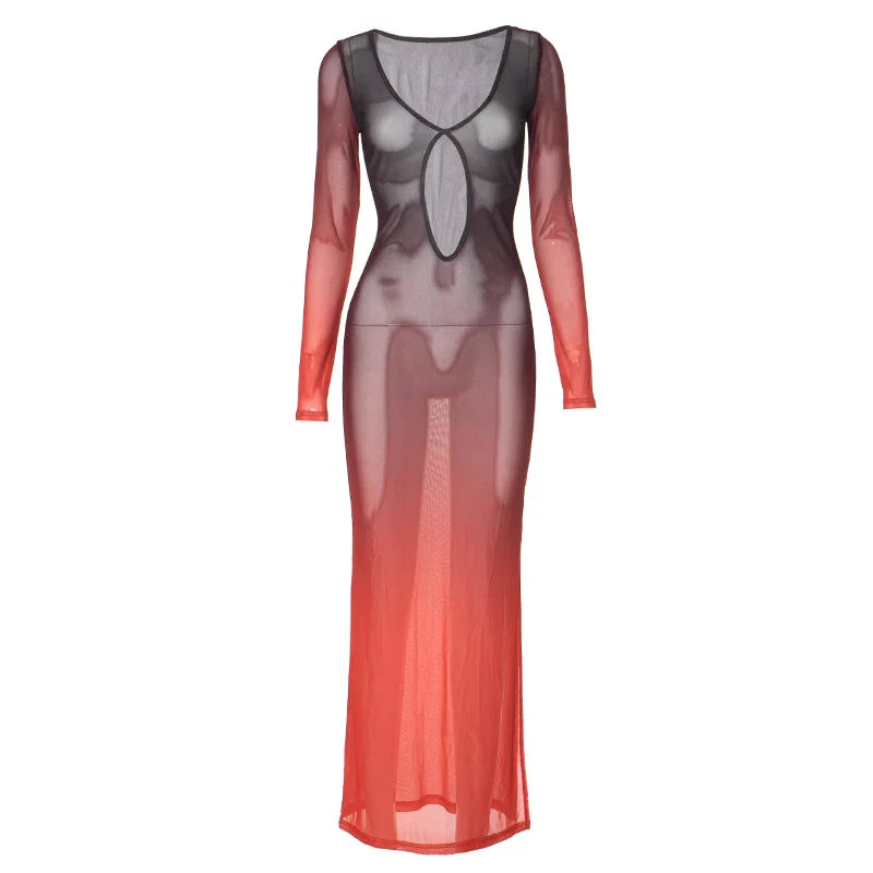 Gradient Mesh Deep Collar Hollow Long Sleeve Maxi Dress