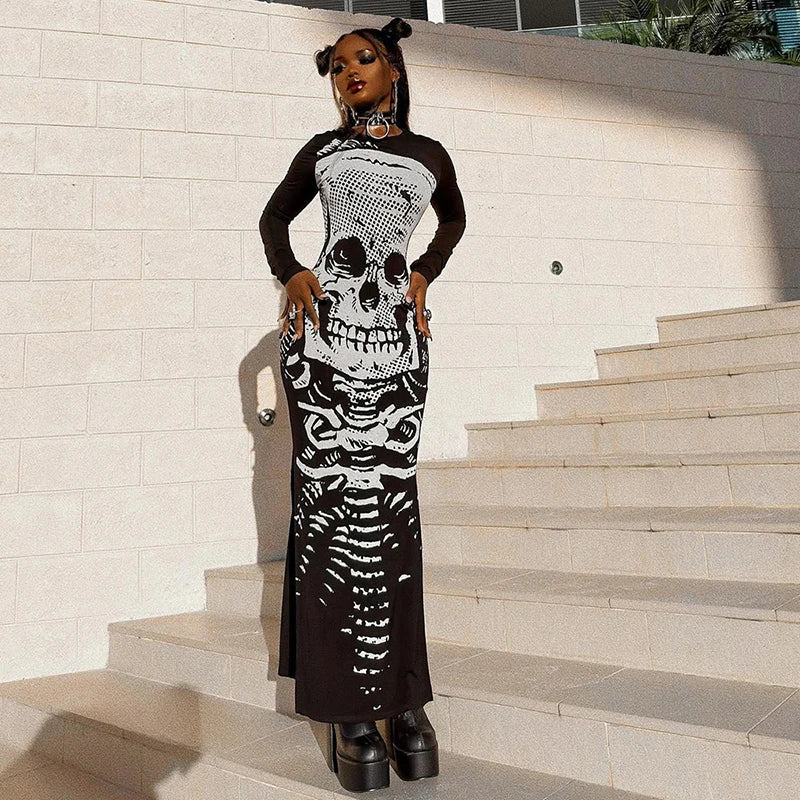 Gothic Skull Print Long Sleeve Split Streetwear Maxi Dress