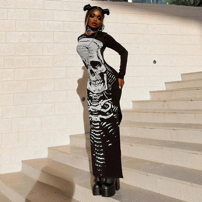 Gothic Skull Print Long Sleeve Split Streetwear Maxi Dress