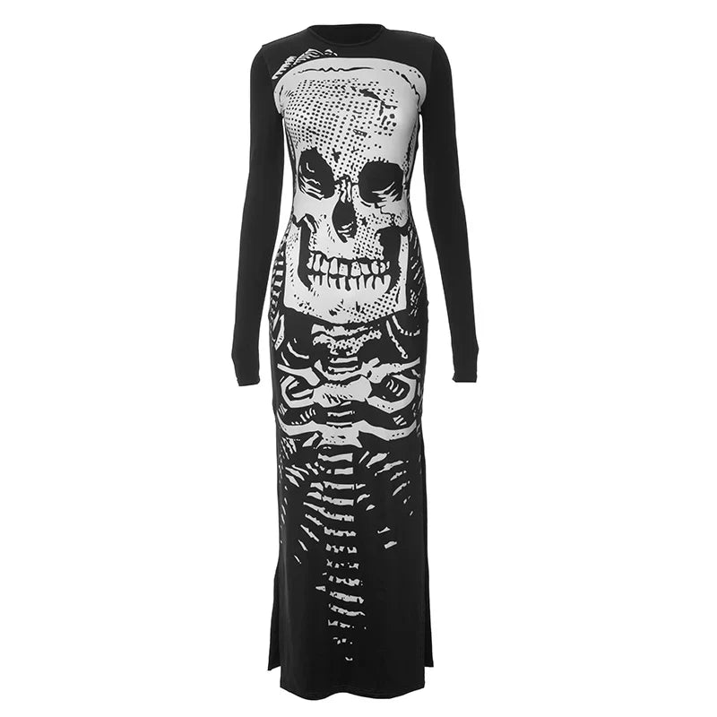 Gothic Skull Print Long Sleeve Split Streetwear Maxi Dress
