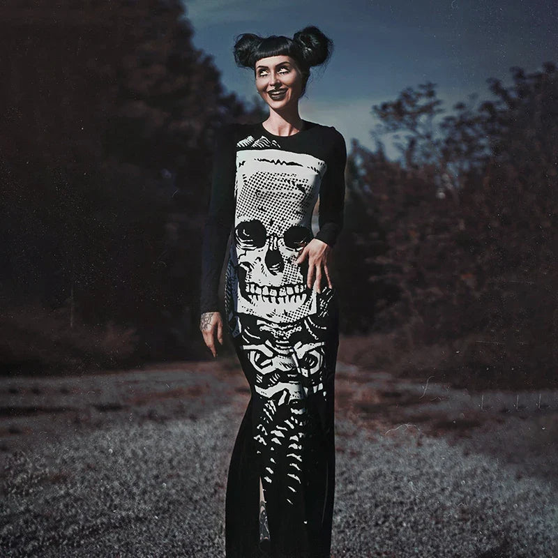 Gothic Skull Print Long Sleeve Split Streetwear Maxi Dress