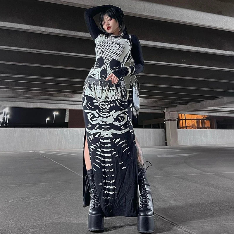 Gothic Skull Print Long Sleeve Split Streetwear Maxi Dress
