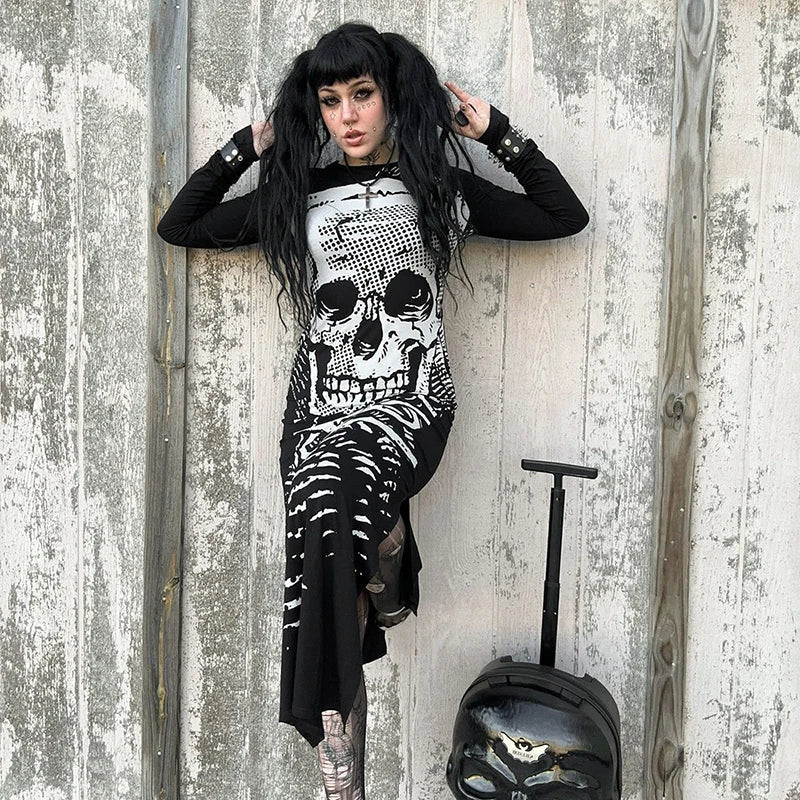 Gothic Skull Print Long Sleeve Split Streetwear Maxi Dress