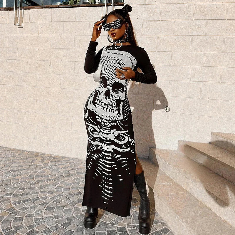 Gothic Skull Print Long Sleeve Split Streetwear Maxi Dress