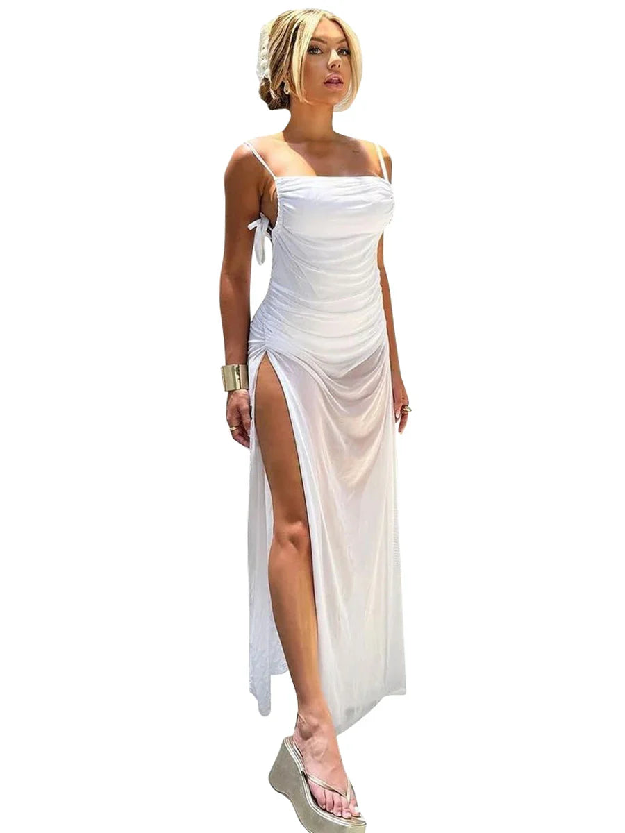 Mesh Spaghetti Strap Bodycon Backless High Slit Maxi Dress