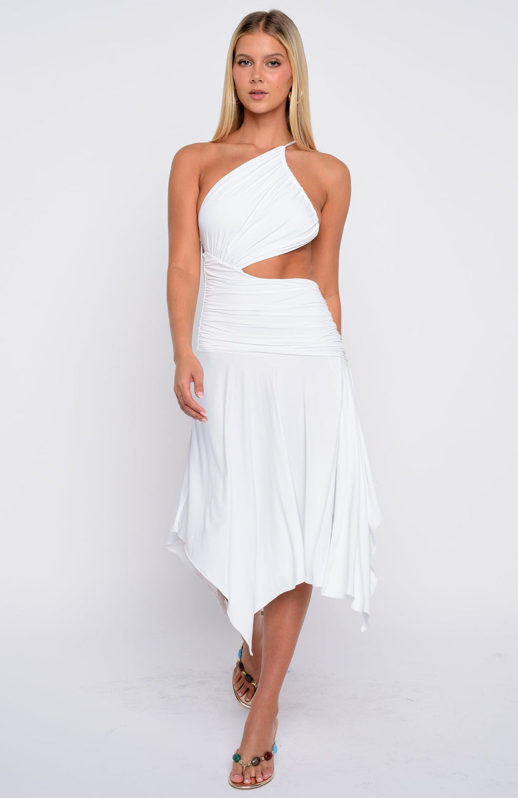 One Shoulder Tie Detail White Midi Dress