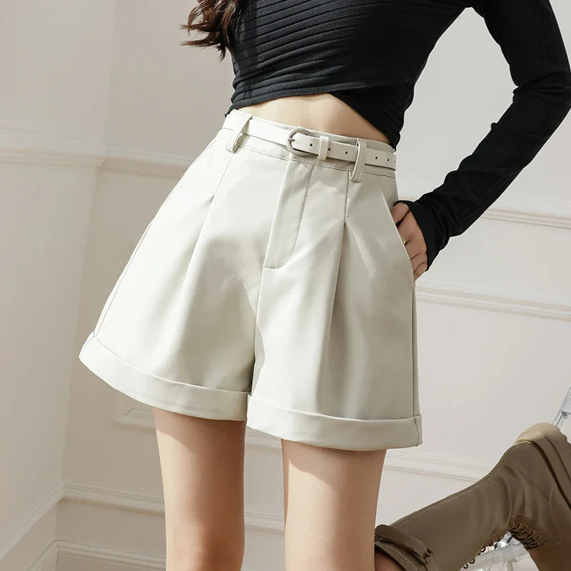 High Waist Black Leather Winter Chic Short