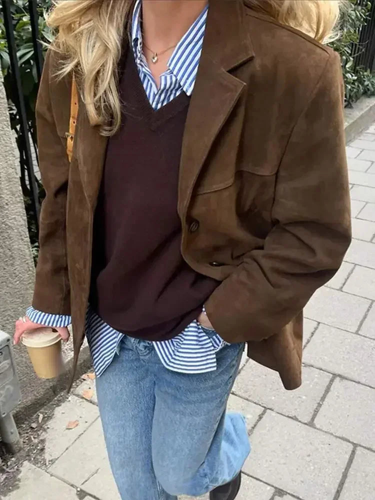 Plain Lapel Suede Coat