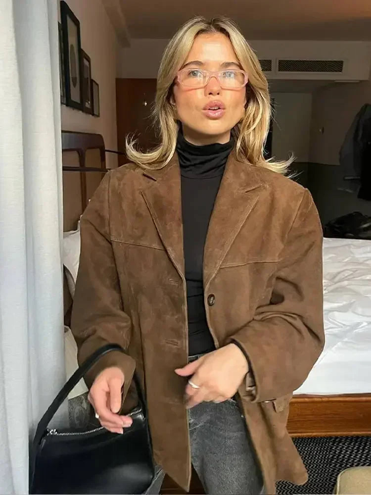 Plain Lapel Suede Coat