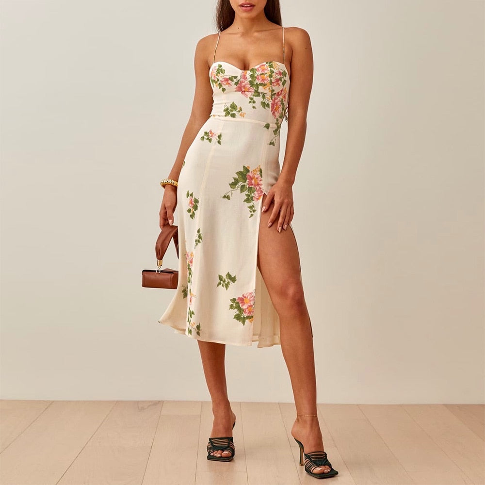 Printed Chiffon Sleeveless Slit Midi Dress