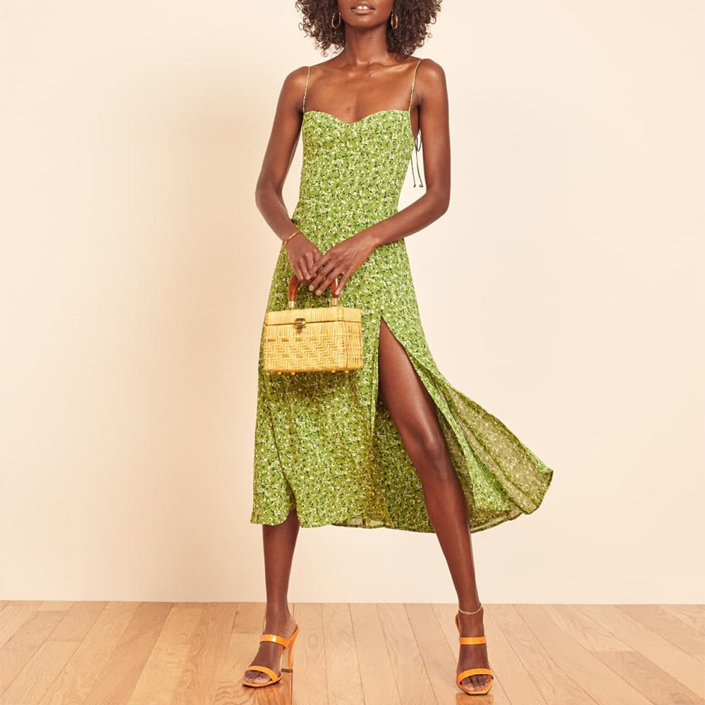 Printed Chiffon Sleeveless Slit Midi Dress