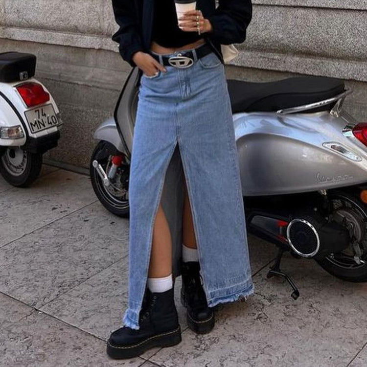 Cotton Retro Long A-Line Split Denim Maxi Dress