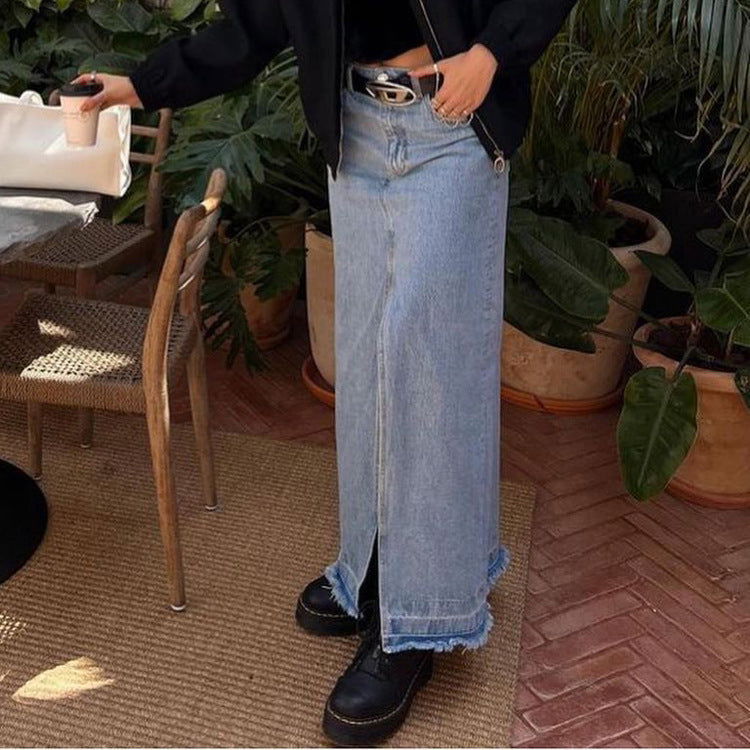 Cotton Retro Long A-Line Split Denim Maxi Dress