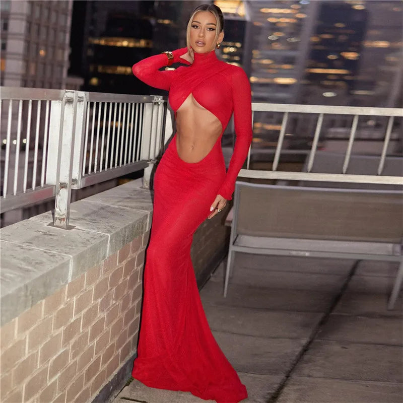 Cut Out Long Sleeve Christmas Party Maxi Dress