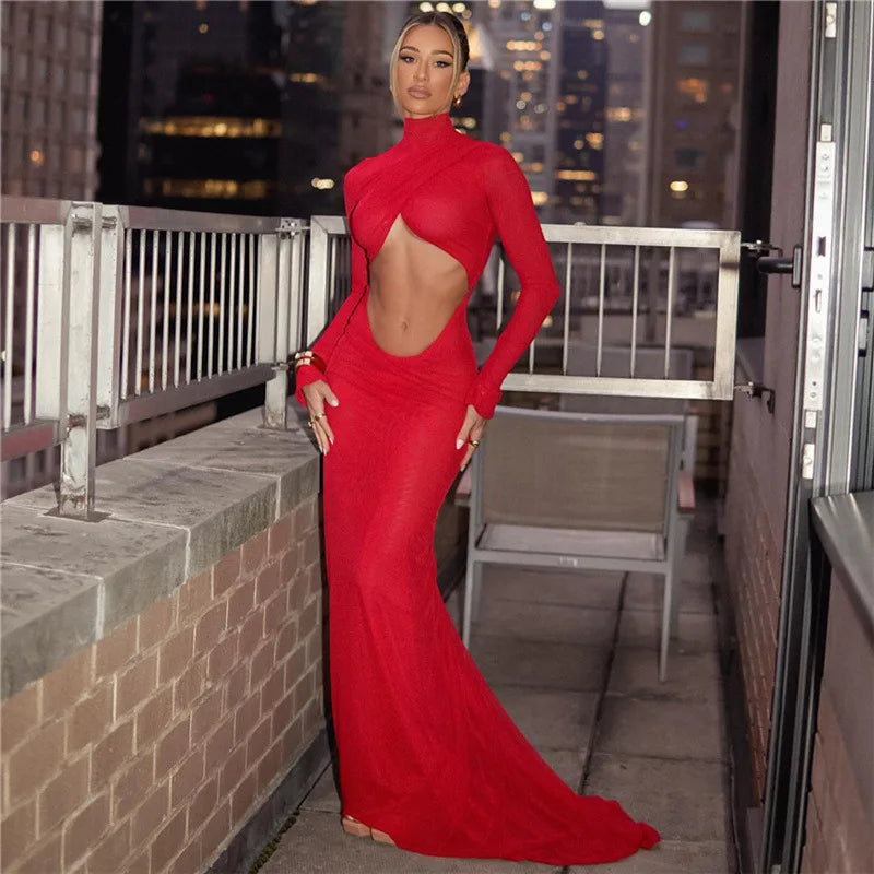 Cut Out Long Sleeve Christmas Party Maxi Dress