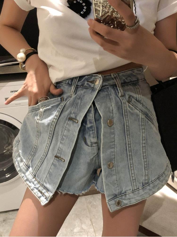 A-line High Waist Dual Layer Denim Short