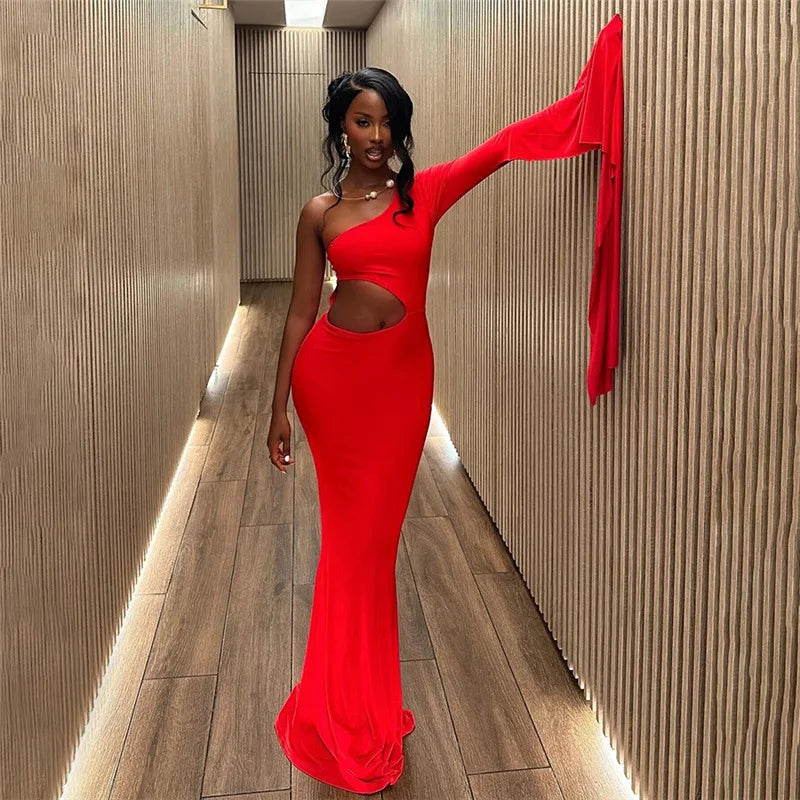Incline Shoulder Hollow Party Maxi Dress