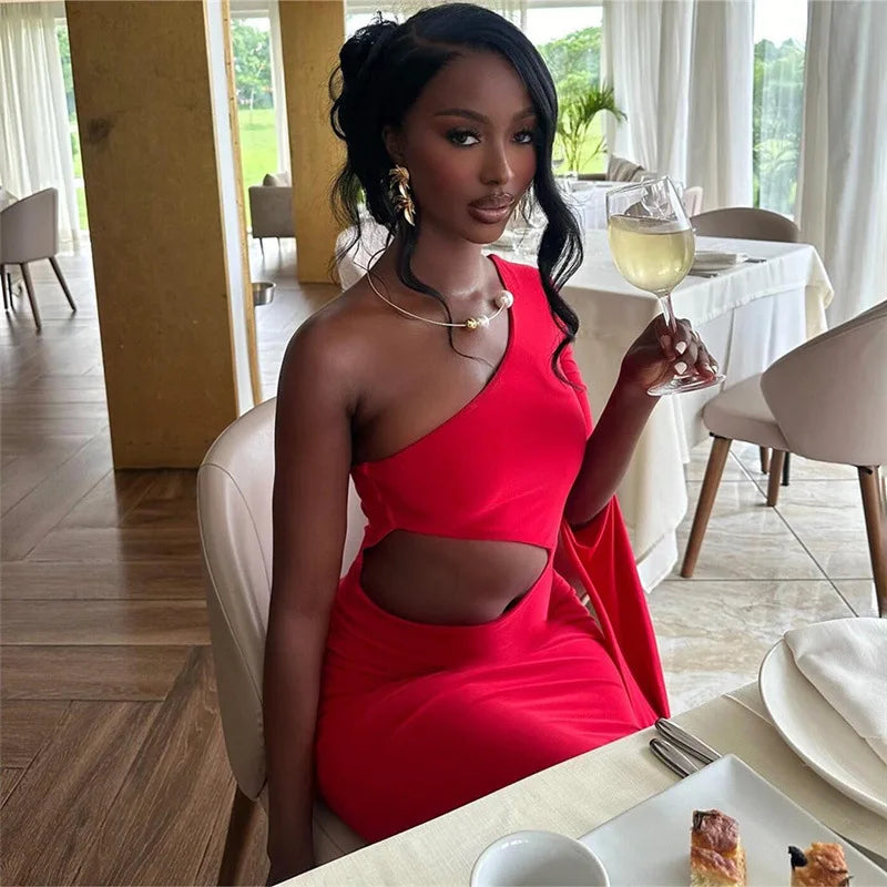 Incline Shoulder Hollow Maxi Party Dress