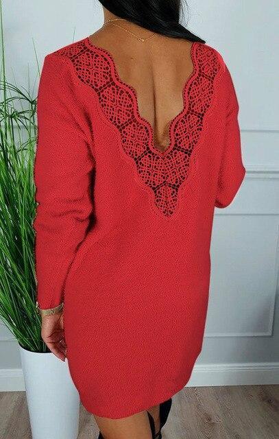 Lace Patchwork Deep V Long Sleeve Chic Party Dress