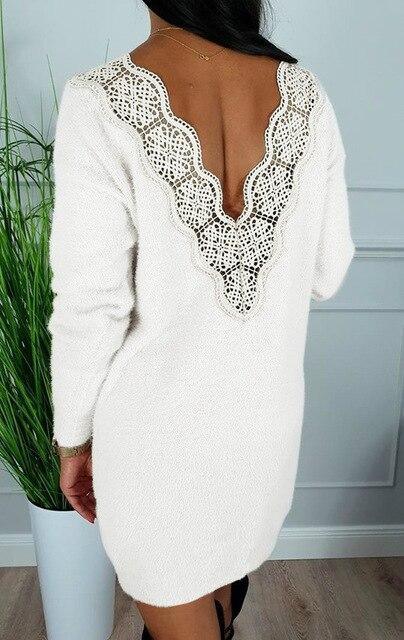 Lace Patchwork Deep V Long Sleeve Chic Party Dress