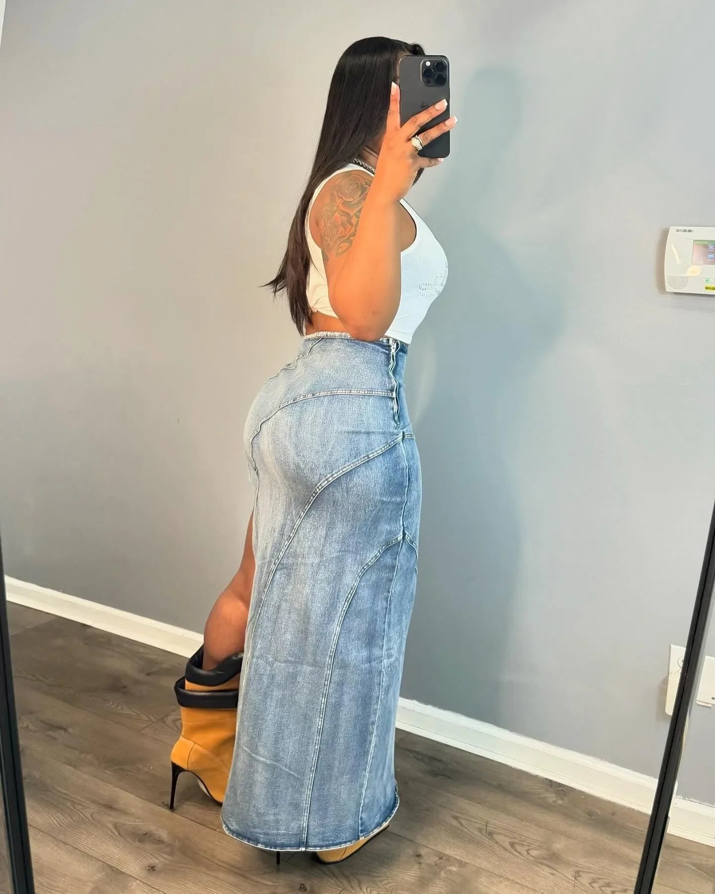 Dark Blue A-line Denim Wrap Button Casual Skirt