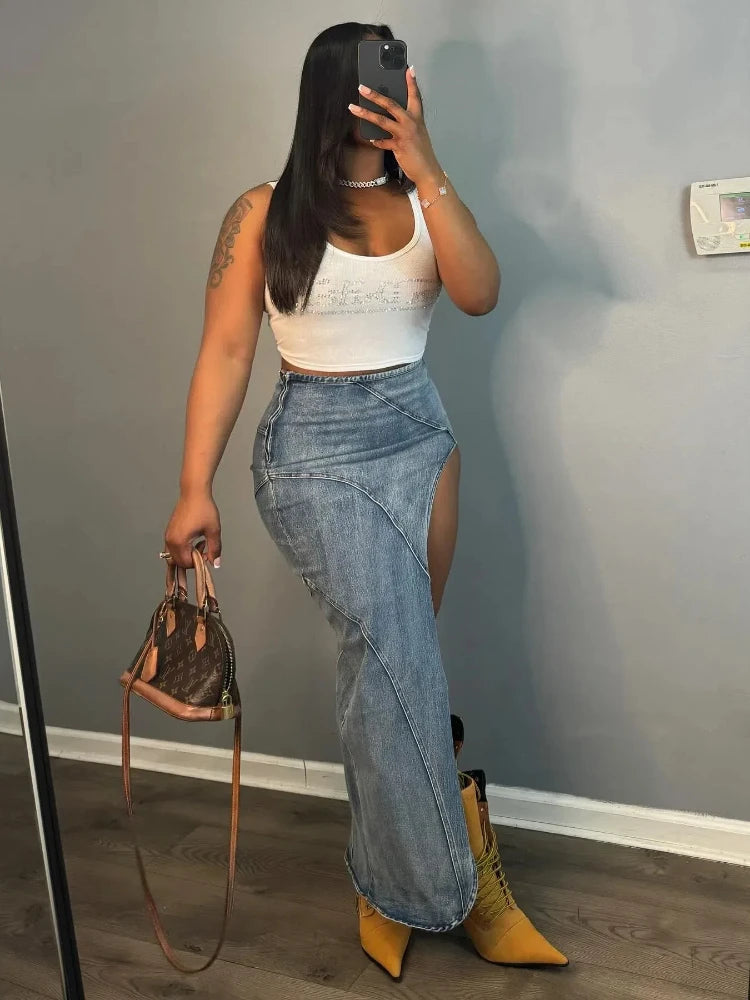 Dark Blue A-line Denim Wrap Button Casual Skirt