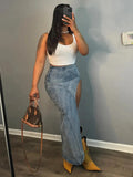 Dark Blue A-line Denim Wrap Button Casual Skirt