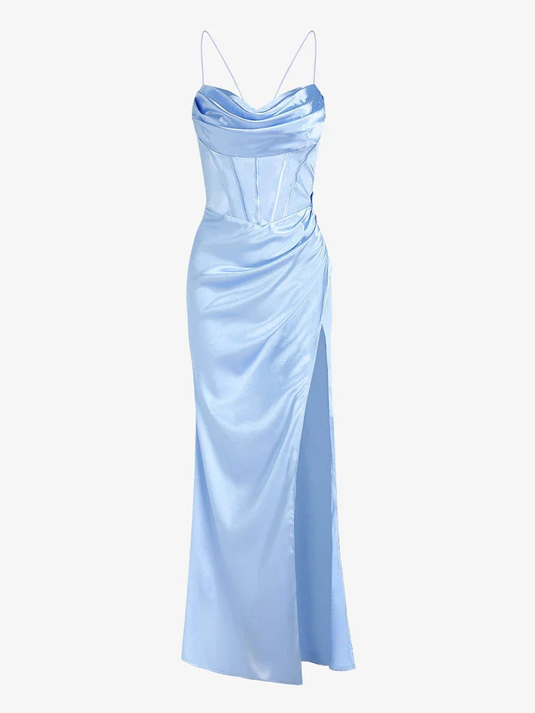 Satin Cowl Front Lace Up Red Party Dress
