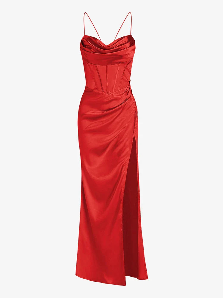 Satin Cowl Front Lace Up Red Party Dress