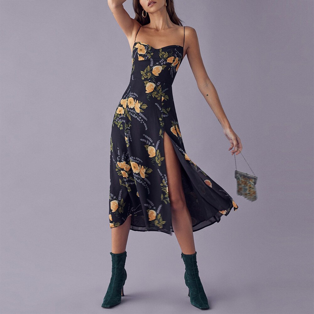 Vintage Spaghetti Strap Side Slit Midi Dress