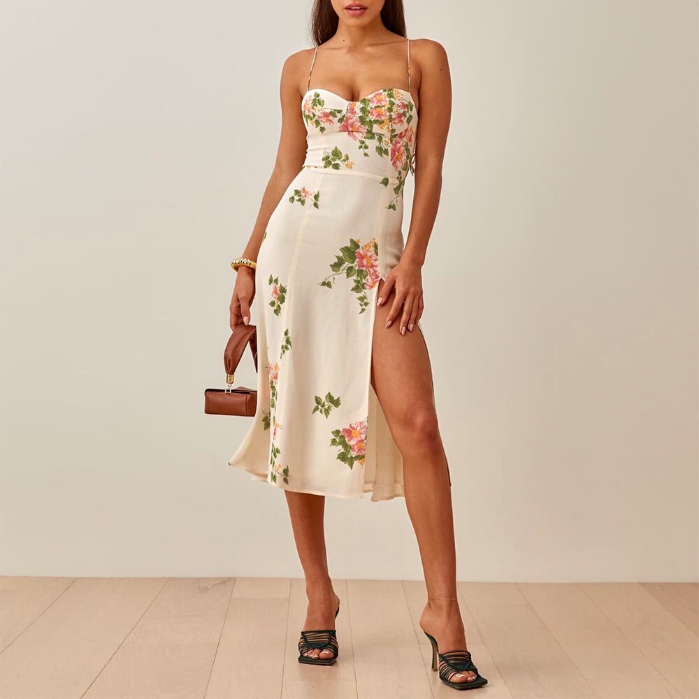 Vintage Spaghetti Strap Side Slit Midi Dress