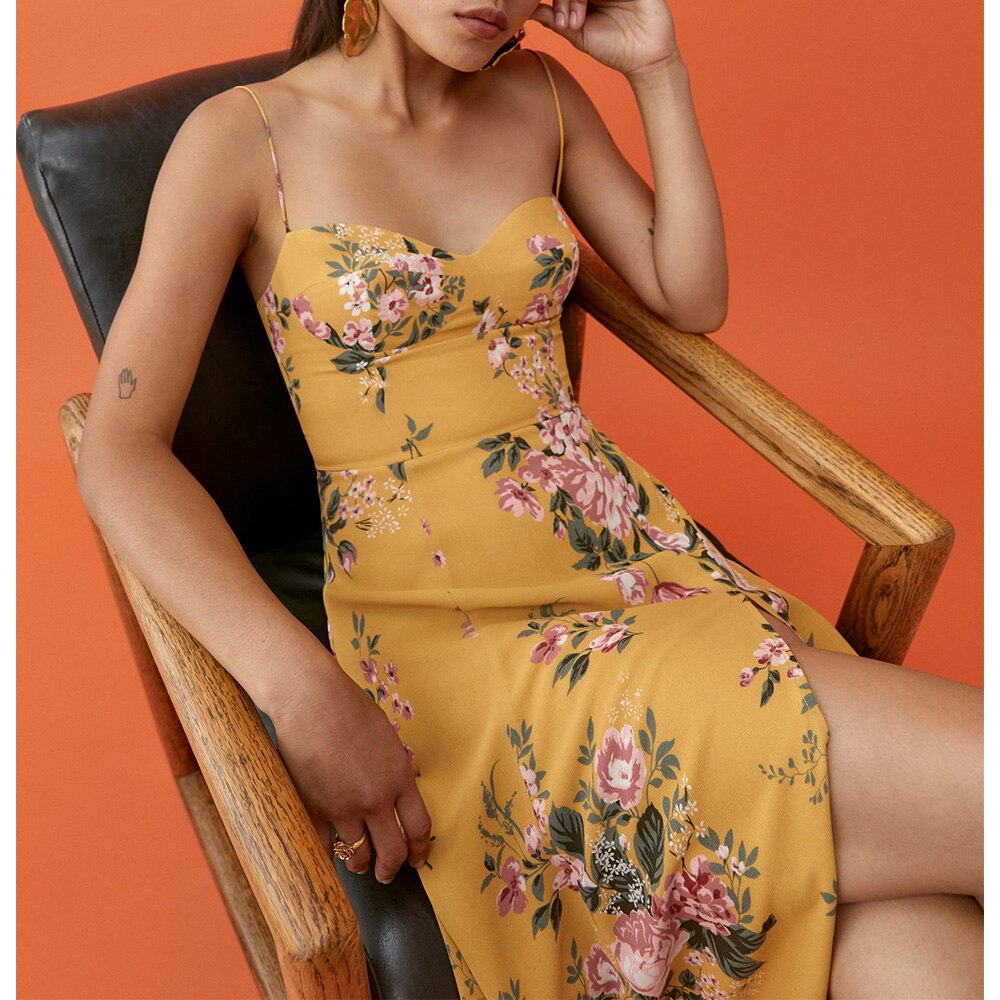 Vintage Spaghetti Strap Side Slit Midi Dress