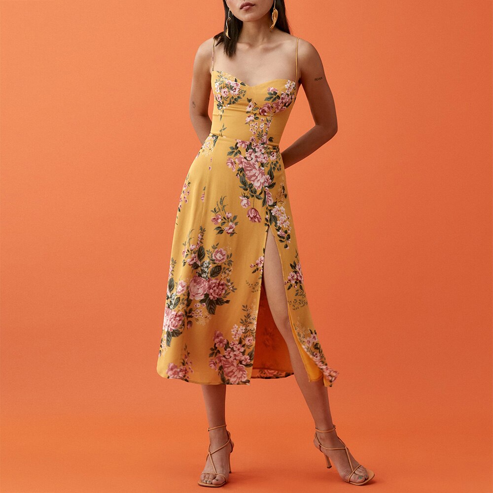 Vintage Spaghetti Strap Side Slit Midi Dress