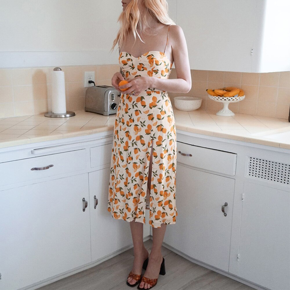 Vintage Spaghetti Strap Side Slit Midi Dress