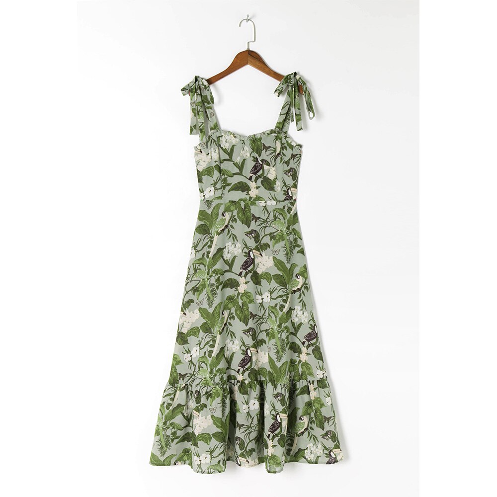 Ruffled Beach Sweetheart Tie Strap Midi Dress