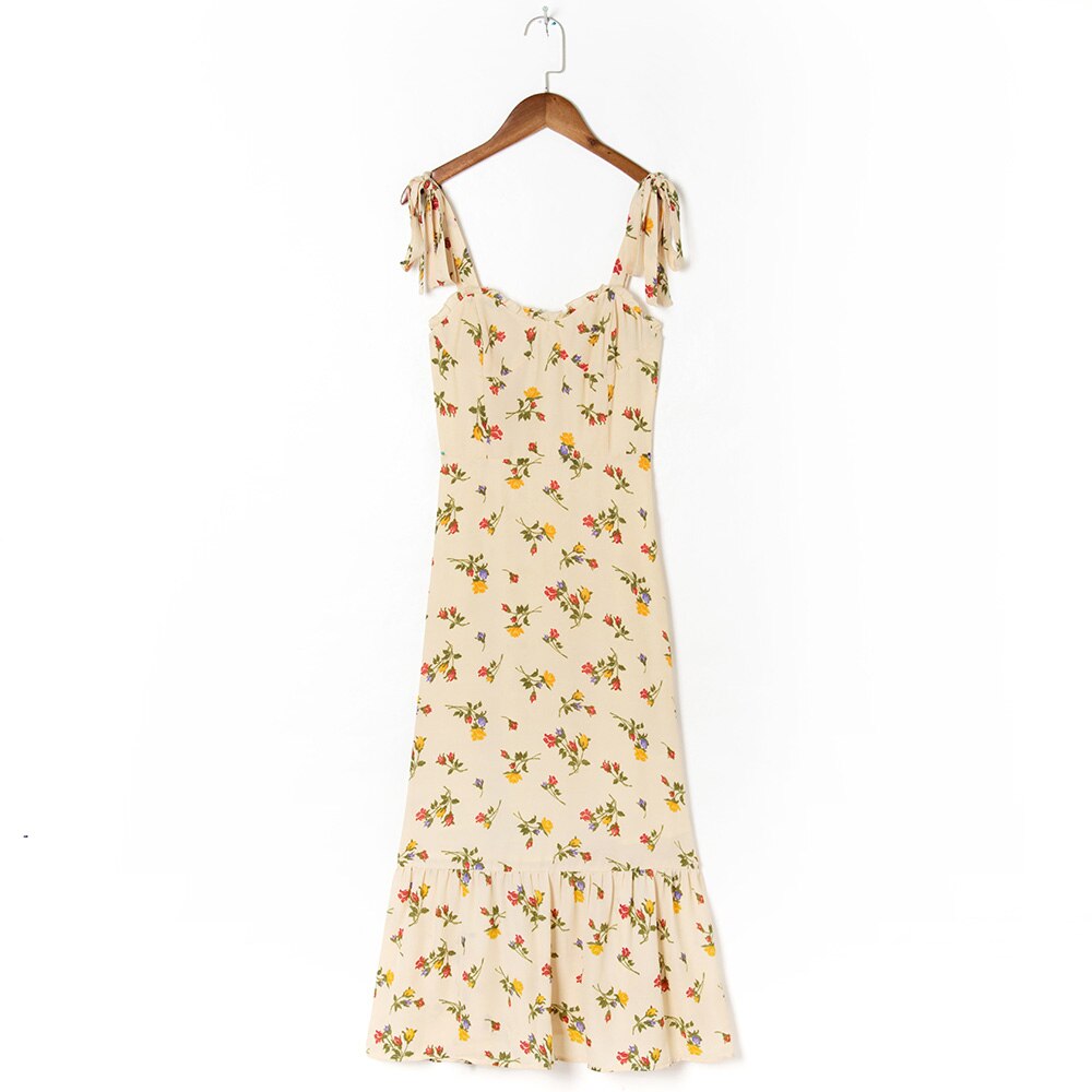 Ruffled Beach Sweetheart Tie Strap Midi Dress