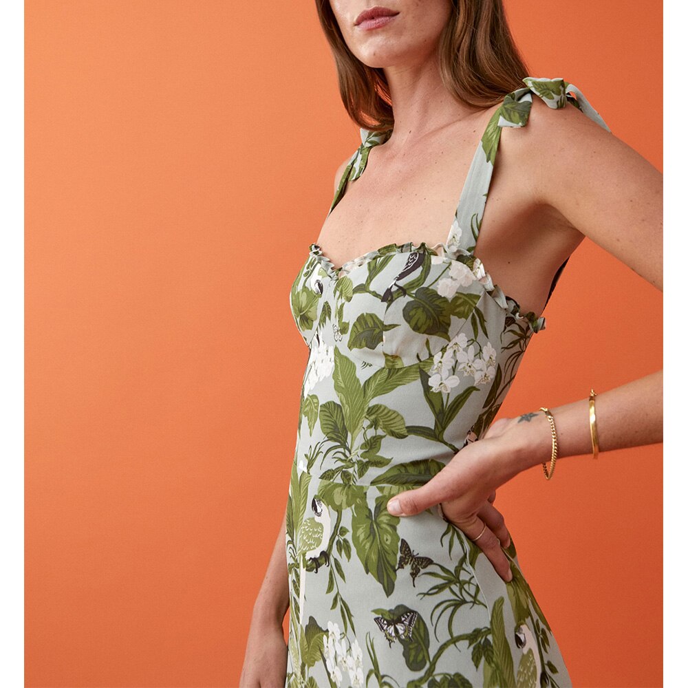 Ruffled Beach Sweetheart Tie Strap Midi Dress