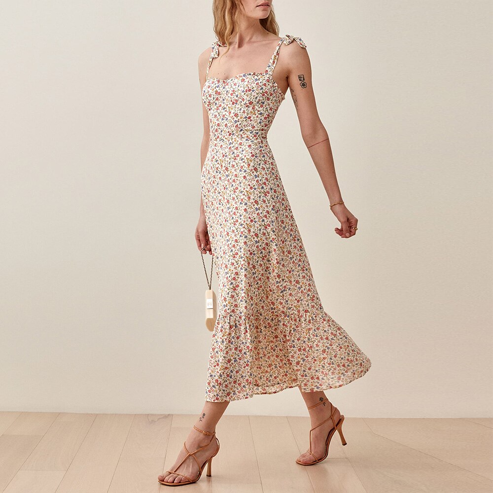 Ruffled Beach Sweetheart Tie Strap Midi Dress