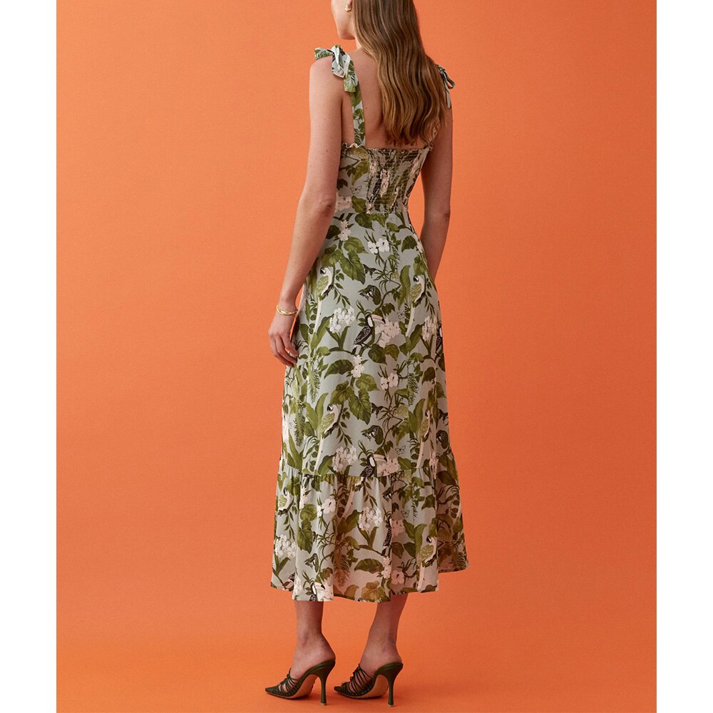 Ruffled Beach Sweetheart Tie Strap Midi Dress