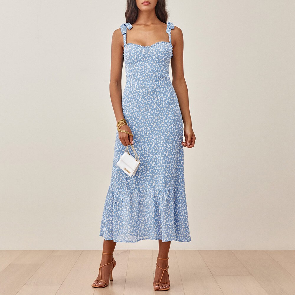 Vintage Chiffon Sweetheart Strap Midi Dress