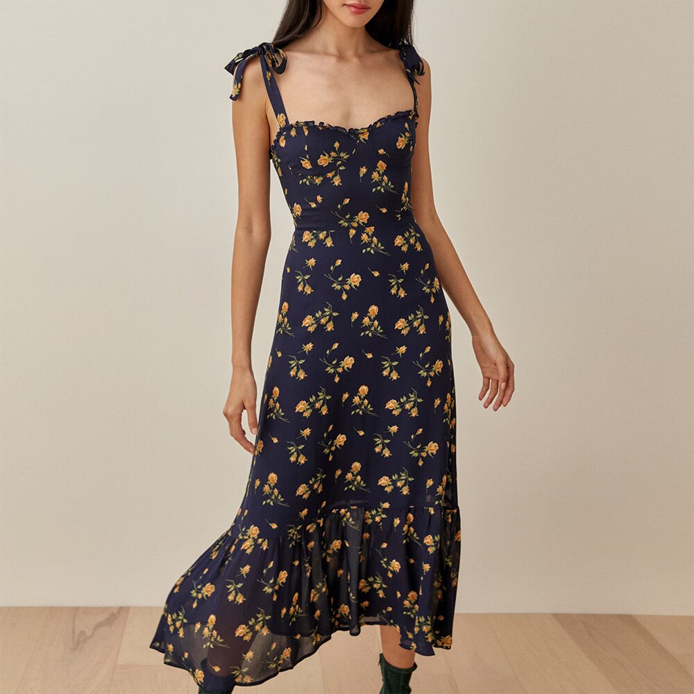 Ruffled Beach Sweetheart Tie Strap Midi Dress