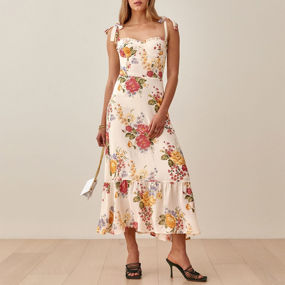 Ruffled Beach Sweetheart Tie Strap Midi Dress