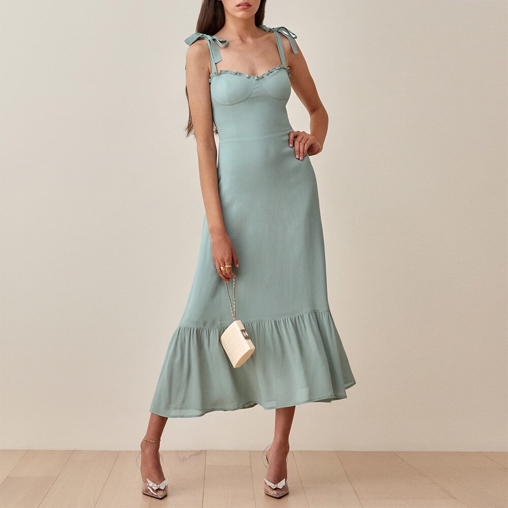 Ruffled Beach Sweetheart Tie Strap Midi Dress