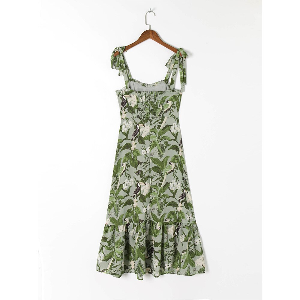 Ruffled Beach Sweetheart Tie Strap Midi Dress
