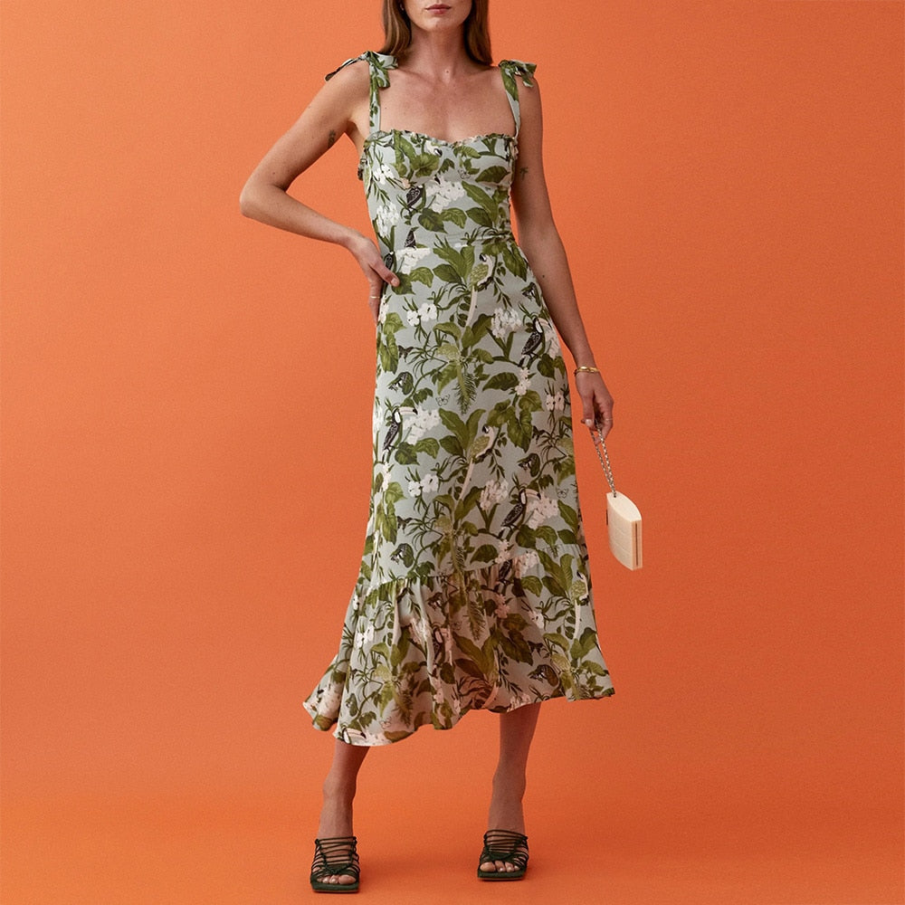 Ruffled Beach Sweetheart Tie Strap Midi Dress