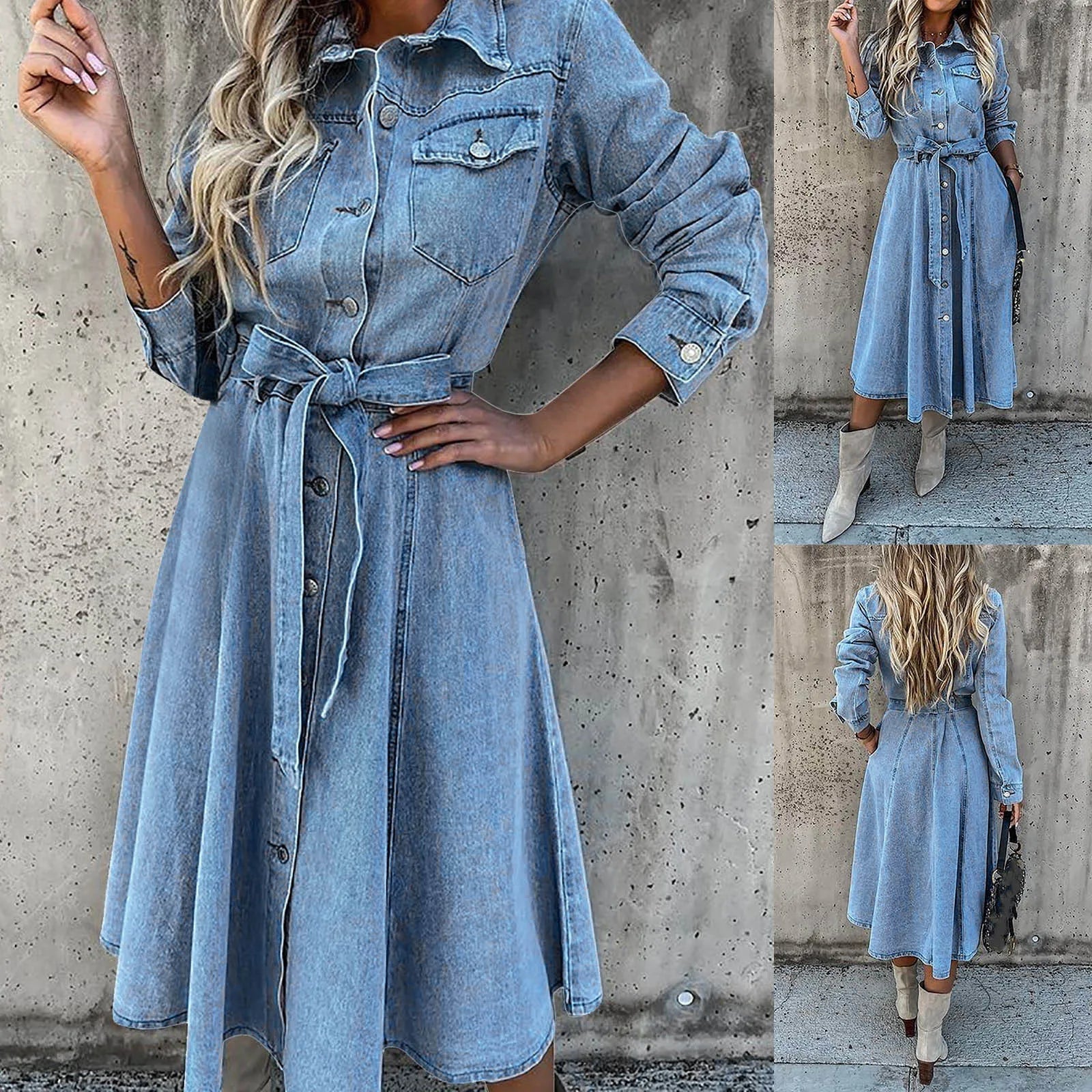 Denim Retro Casual Slim Midi Dress